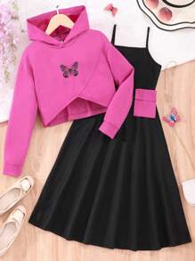 SHEIN 女大童吊帶洋裝&蝴蝶圖案落肩袖連帽衫 - 彩色 - 查看 1