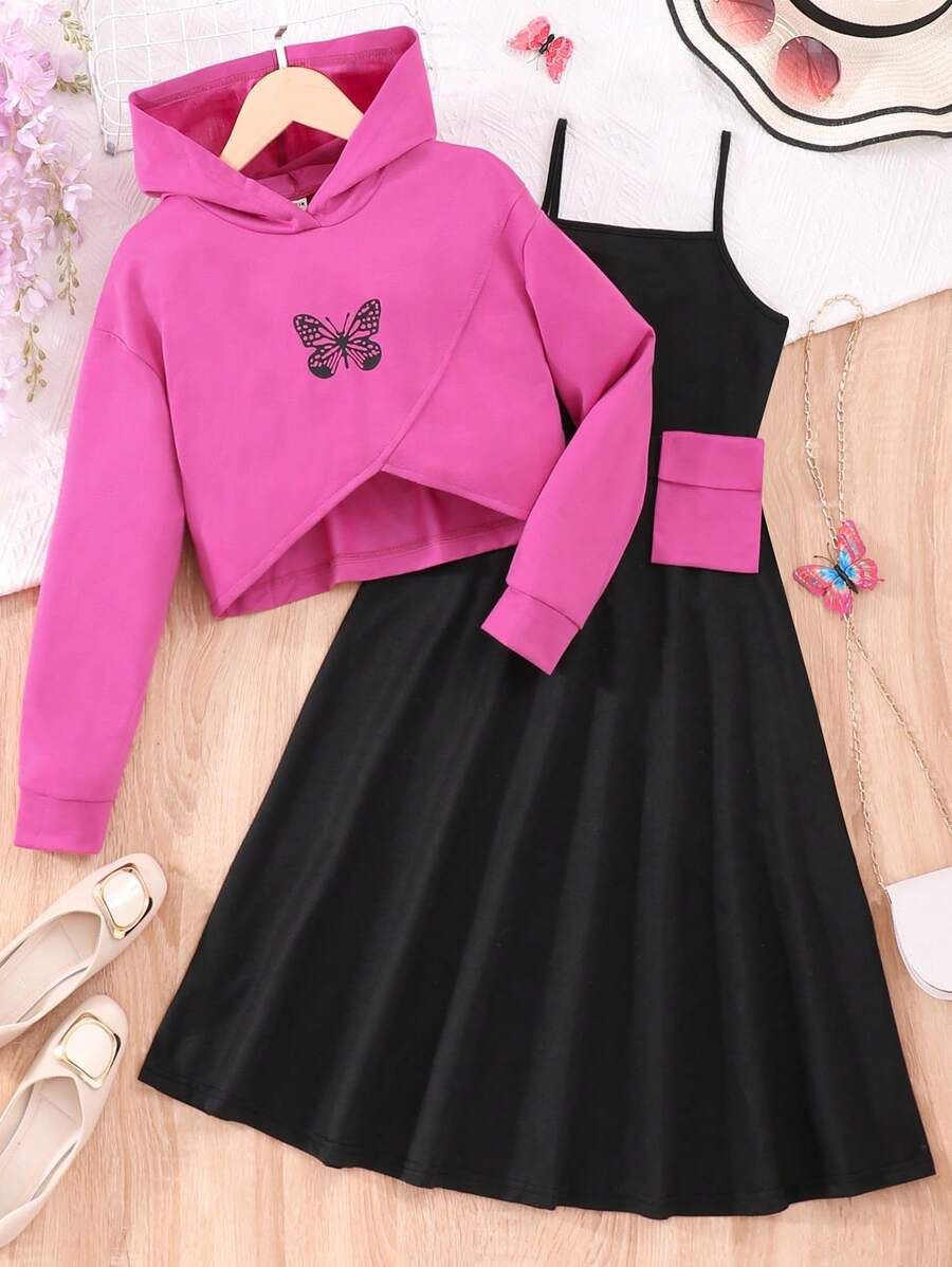 SHEIN 女大童吊帶洋裝&蝴蝶圖案落肩袖連帽衫 - 彩色 - 查看 1