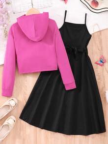 SHEIN 女大童吊帶洋裝&蝴蝶圖案落肩袖連帽衫 - 彩色 - 查看 2