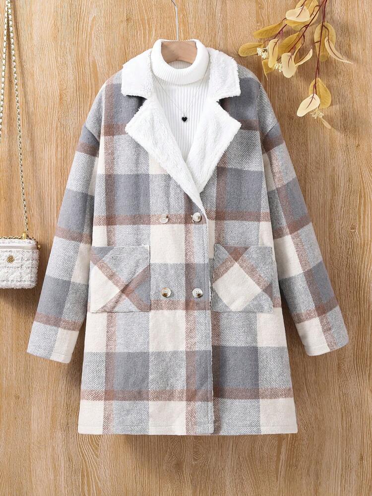 Teen Girl 1pc Plaid Print Double Breasted Dual Pocket Overcoat