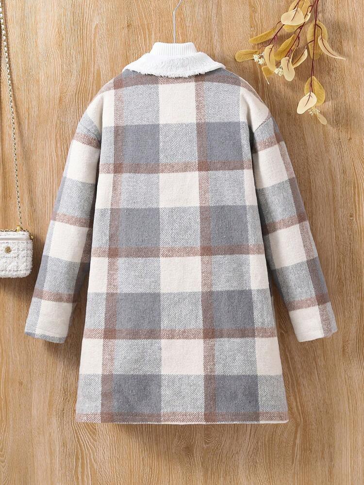 Teen Girl 1pc Plaid Print Double Breasted Dual Pocket Overcoat