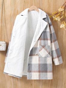 Teen Girl 1pc Plaid Print Double Breasted Dual Pocket Overcoat