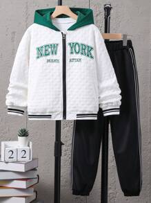 SHEIN Tween Boy Letter Graphic Striped Trim Hooded Jacket & Sweatpants - Multicolor - View 1
