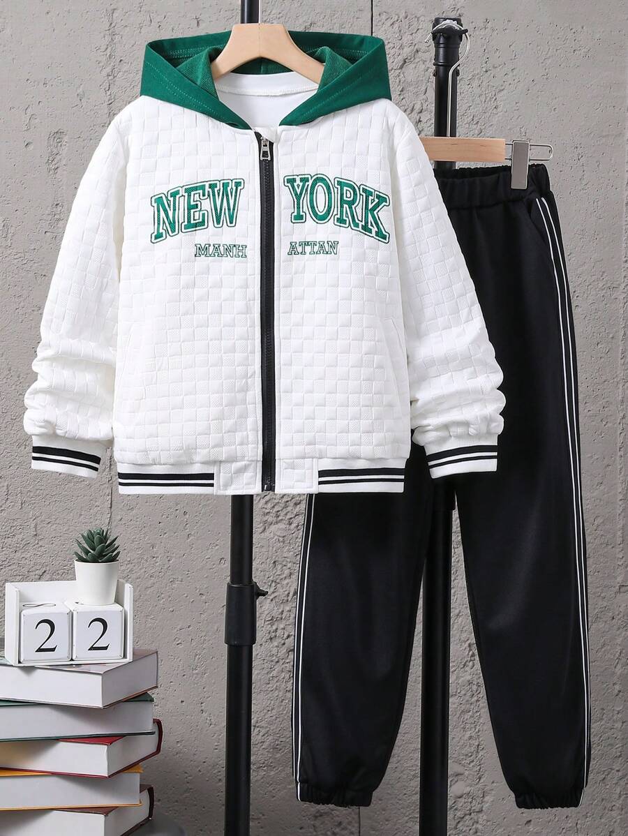 SHEIN Tween Boy Letter Graphic Striped Trim Hooded Jacket & Sweatpants - Multicolor - View 1