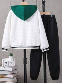 SHEIN Tween Boy Letter Graphic Striped Trim Hooded Jacket & Sweatpants - Multicolor - View 2