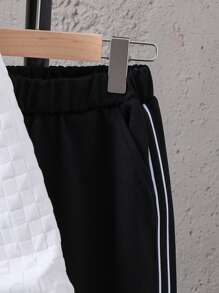 SHEIN Tween Boy Letter Graphic Striped Trim Hooded Jacket & Sweatpants - Multicolor - View 3