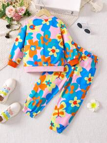 SHEIN Little Girls' Dopamine Big Flower Printed Sporty Leisure Hoodie With Matching Sweatpants Outfits - Multicolor - View 2