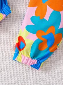 SHEIN Little Girls' Dopamine Big Flower Printed Sporty Leisure Hoodie With Matching Sweatpants Outfits - Multicolor - View 3