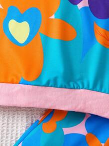 SHEIN Little Girls' Dopamine Big Flower Printed Sporty Leisure Hoodie With Matching Sweatpants Outfits - Multicolor - View 6