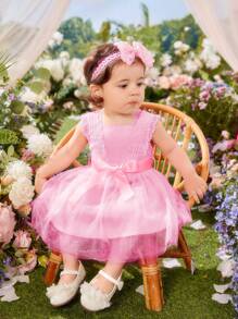 Baby Girl Mesh Overlay Belted Dress - Pink - View 3