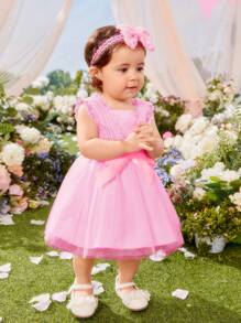 Baby Girl Mesh Overlay Belted Dress - Pink - View 4