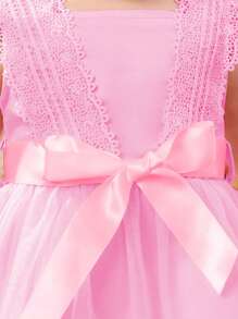 Baby Girl Mesh Overlay Belted Dress - Pink - View 5