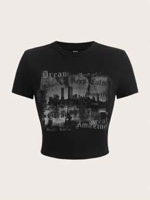 SHEIN EZwear Áo thun nữ cổ tròn tay ngắn in hình giản dị, vừa vặn, giấc mơ tuyệt vời, giữ bình tĩnh, trông tuyệt vời, trông tuyệt vời, tuyệt vời, giữ bình tĩnh - màu đen - Xem 1