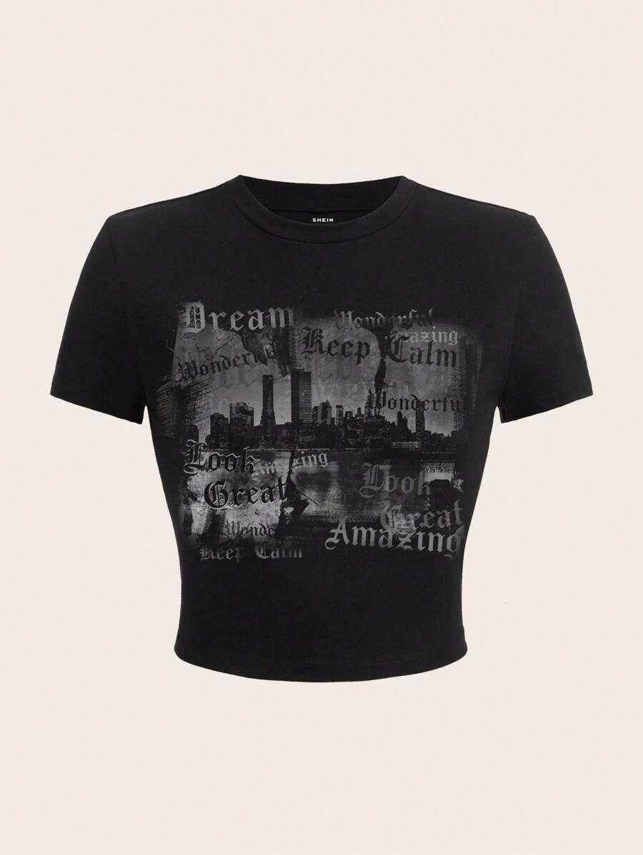 SHEIN EZwear Áo thun nữ cổ tròn tay ngắn in hình giản dị, vừa vặn, giấc mơ tuyệt vời, giữ bình tĩnh, trông tuyệt vời, trông tuyệt vời, tuyệt vời, giữ bình tĩnh - màu đen - Xem 1