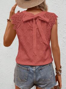 SHEIN LUNE Blusa con encaje en contraste con cordón trasero de manga raglán - Rosa - Ver 1