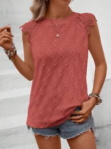 SHEIN LUNE Blusa con encaje en contraste con cordón trasero de manga raglán - Rosa - Ver 3