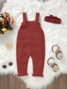 Đứa bé gái Viền Ruffle quần yếm Đan Áo liền quần - Màu Đỏ Sâu - Xem 2