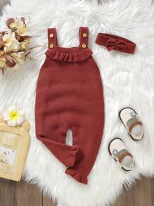 Đứa bé gái Viền Ruffle quần yếm Đan Áo liền quần - Màu Đỏ Sâu - Xem 3