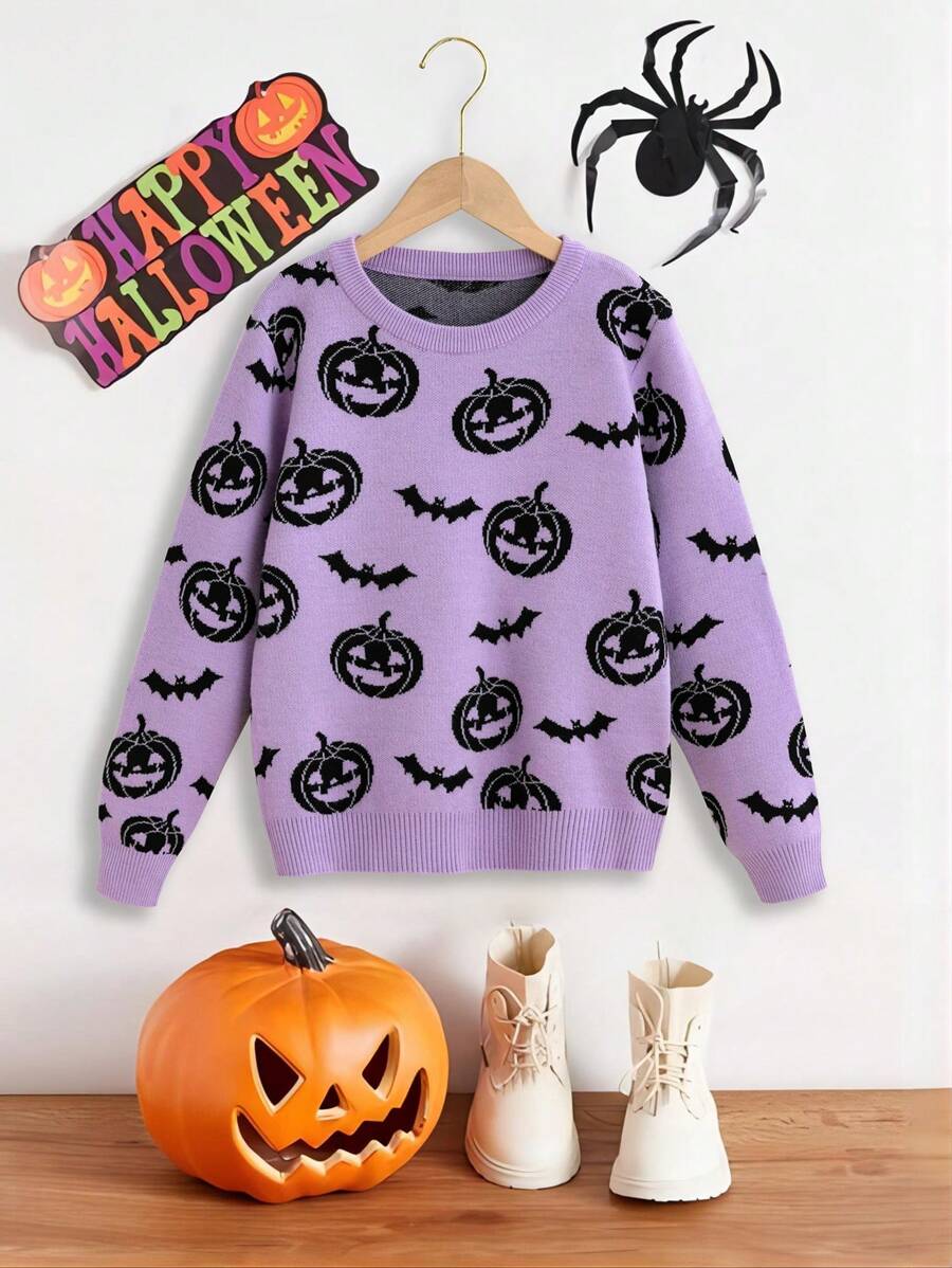SHEIN 青少年女孩万圣节南瓜图案毛衣，适合万圣节派对 - 紫色 - 查看 1