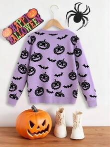 SHEIN 青少年女孩万圣节南瓜图案毛衣，适合万圣节派对 - 紫色 - 查看 2