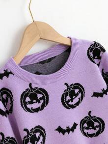 SHEIN 青少年女孩万圣节南瓜图案毛衣，适合万圣节派对 - 紫色 - 查看 3