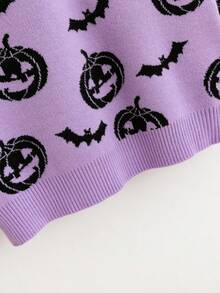 SHEIN 青少年女孩万圣节南瓜图案毛衣，适合万圣节派对 - 紫色 - 查看 4