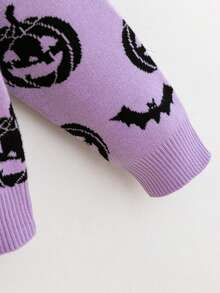 SHEIN 青少年女孩万圣节南瓜图案毛衣，适合万圣节派对 - 紫色 - 查看 6