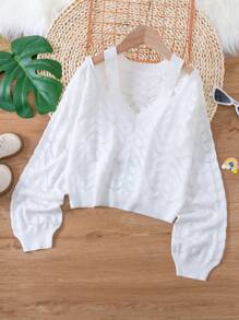 SHEIN Tween Girl Cut Out Lantern Sleeve Jumper - White - View 1