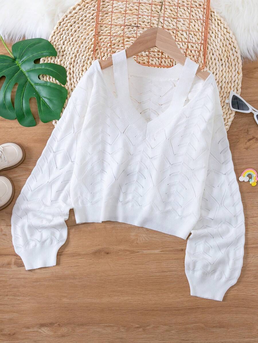 SHEIN Tween Girl Cut Out Lantern Sleeve Jumper - White - View 1