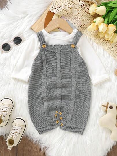 Baby Girl Button Detail Cable Knit Romper Without Tee