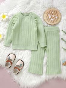 Baby Girl Raglan Sleeve Sweater & Knit Pants - Mint Green - View 7