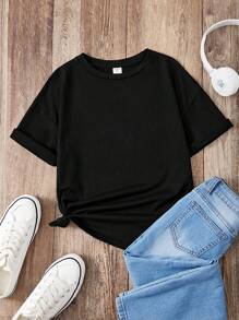 SHEIN Camiseta de manga corta con estampado de eslogan para adolescentes, atuendo de verano casual para uso diario