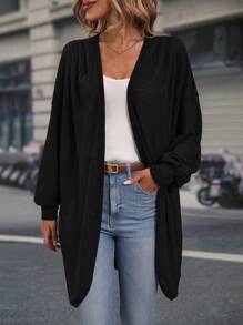 SHEIN LUNE Drop Shoulder Open Front Coat - Black - View 3