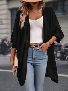 SHEIN LUNE Drop Shoulder Open Front Coat - Black - View 4