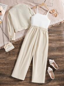 SHEIN Chica preadolescente Camisa con diseño de solapa & Mono de color combinado - Albaricoque - Ver 2