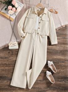 SHEIN Chica preadolescente Camisa con diseño de solapa & Mono de color combinado - Albaricoque - Ver 7