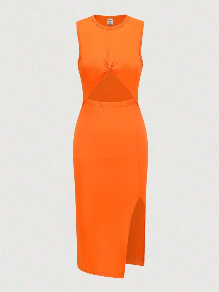 SHEIN Tween Girl Cut Out Split Hem Dress - Orange - View 1