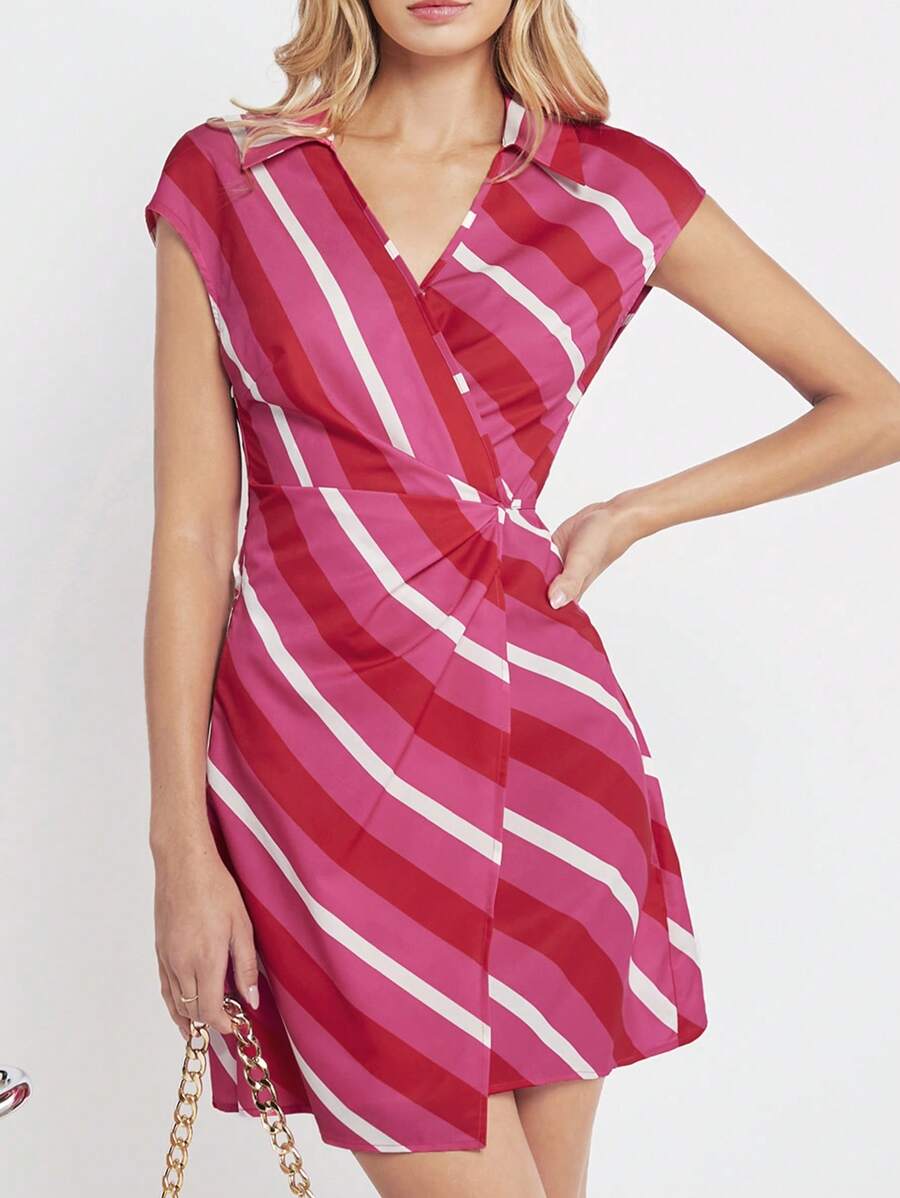 BizChic Striped Print Batwing Sleeve Wrap Dress Workwear - Multicolor - View 1