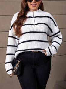 SHEIN LUNE 大碼條紋圖案半拉鏈落肩袖套頭毛衣 - 白色 - 查看 1