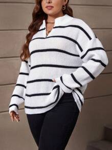 SHEIN LUNE 大碼條紋圖案半拉鏈落肩袖套頭毛衣 - 白色 - 查看 5