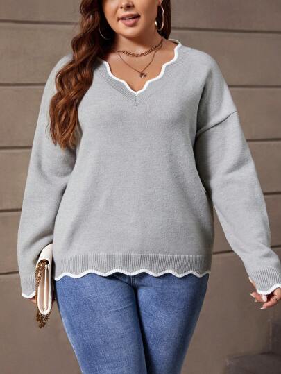 SHEIN LUNE Plus Scallop Trim Drop Shoulder Sweater