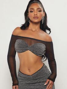 SHEIN BAE 一字肩網紗拼接金屬亮絲短款上衣 - 彩色 - 查看 3