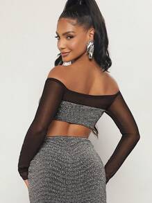 SHEIN BAE 一字肩網紗拼接金屬亮絲短款上衣 - 彩色 - 查看 2