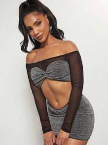 SHEIN BAE 一字肩網紗拼接金屬亮絲短款上衣 - 彩色 - 查看 4