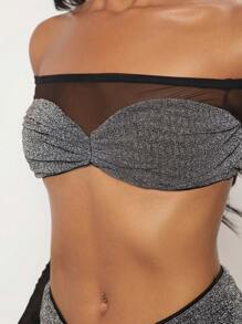 SHEIN BAE 一字肩網紗拼接金屬亮絲短款上衣 - 彩色 - 查看 5