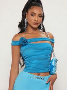 SHEIN BAE 3d Top crop de hombros descubiertos fruncido lateral - Azul - Ver 1