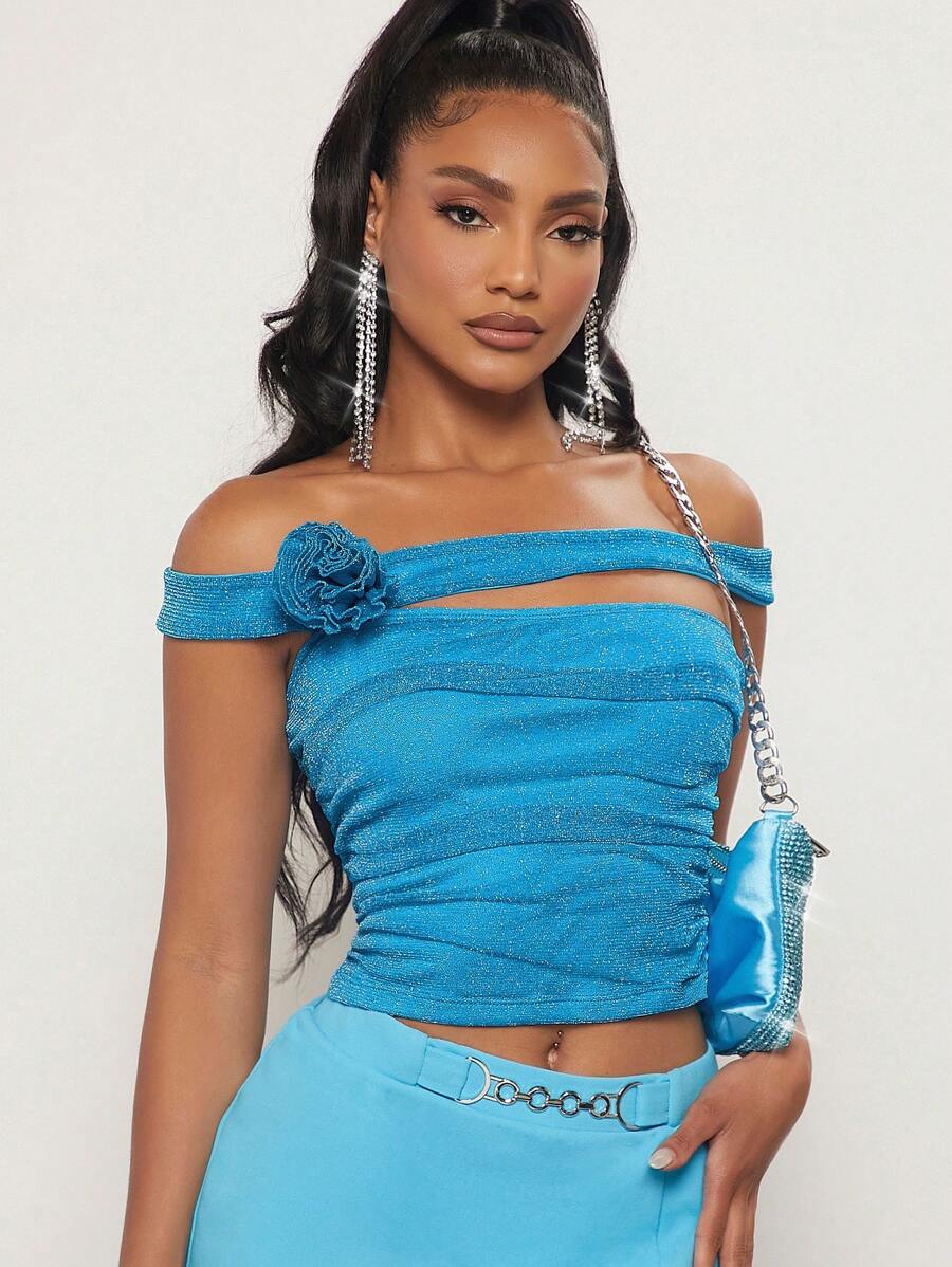 SHEIN BAE 3d Top crop de hombros descubiertos fruncido lateral - Azul - Ver 1