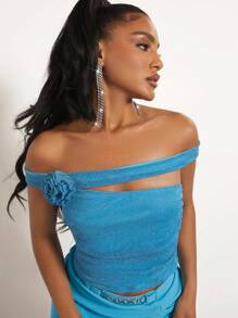 SHEIN BAE 3d Top crop de hombros descubiertos fruncido lateral - Azul - Ver 5