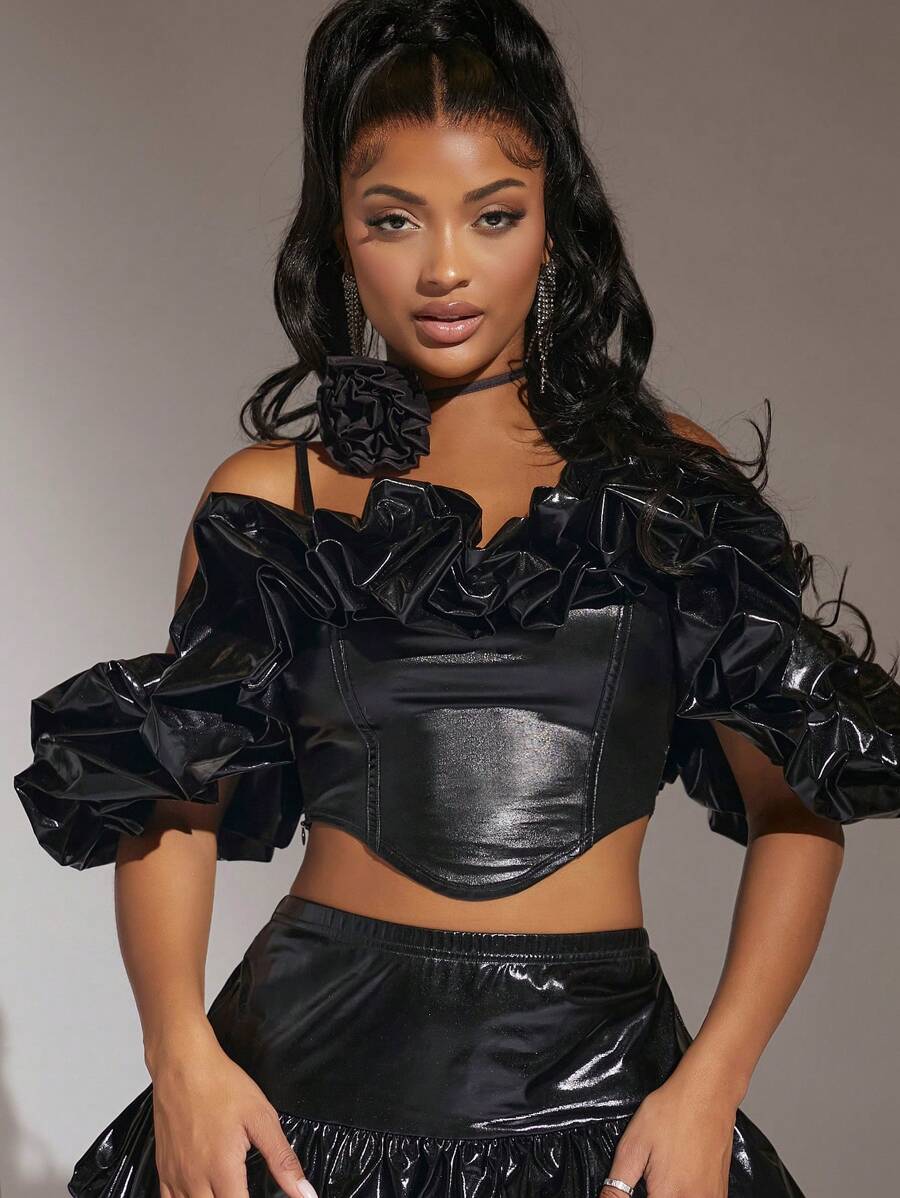 SHEIN SXY 3D Rosette Cold Shoulder Ruffle Trim Asymmetrical Hem Crop Top - Black - View 1