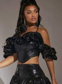 SHEIN SXY 3D Rosette Cold Shoulder Ruffle Trim Asymmetrical Hem Crop Top - Black - View 3